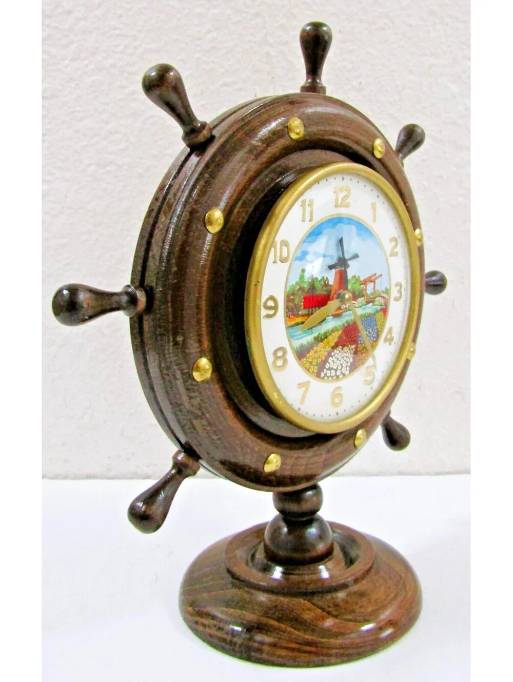 Vintage German Animated Mechanical Ship's Wheel Dutch Windmill Table Clock